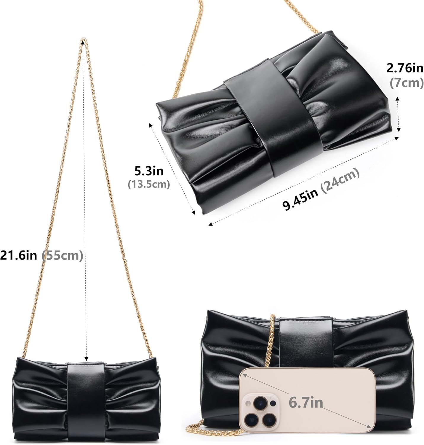Gurina Bowknot Shape Pleated PU Clutch Purse for Women Formal - Evening Bag with Detachable Chain for Weddings, Proms