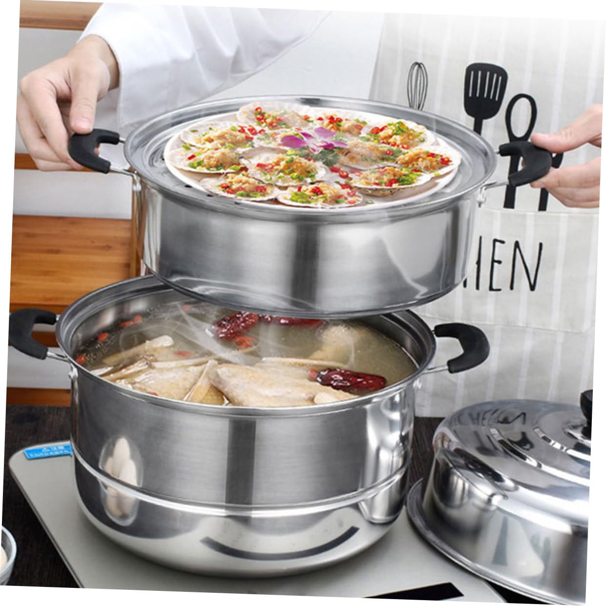 MAGICLULU Dampfgarer aus Edelstahl mit Drei Lagen Großer Fassungsvermögen Multifunktional zum Dämpfen und Kochen Geeignet für Zuhause und Induktionskochfelder