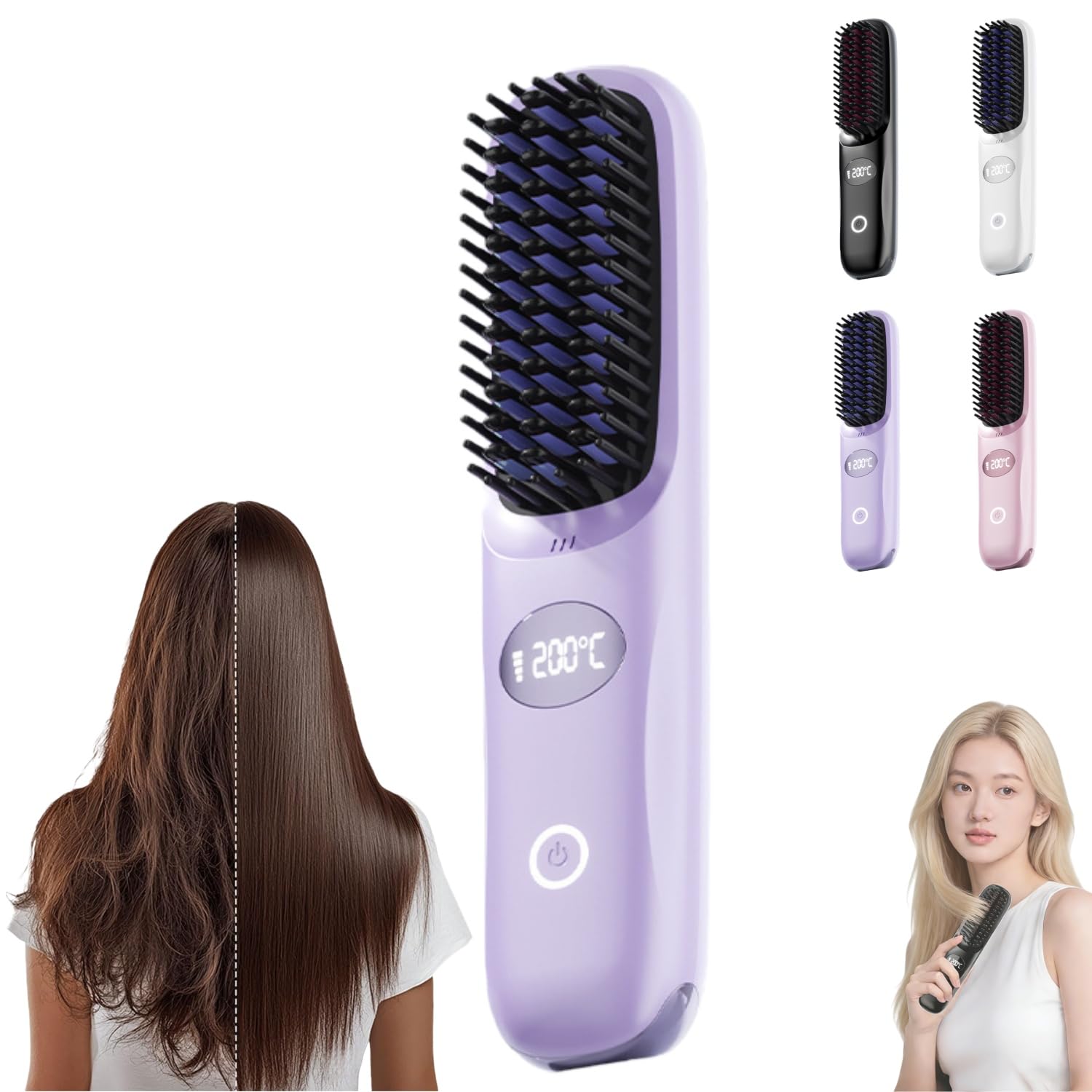 2026 Upgraded Cordless Hair Straightener Brush – Portable Mini Hair Straightening Comb with LED Display, Fast Heating, 3 Adjustable Temperature Settings for Travel (Purple)