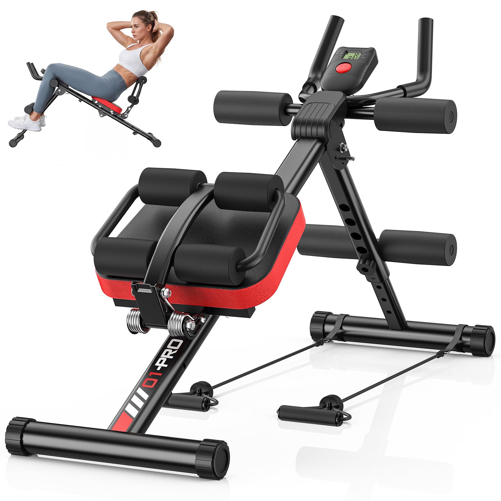 Dskeuzeew Bauchtrainer verstellbarer Bauchmuskeltrainer für Heim-Fitnessstudio mit LCD-Display und Abdominal Ab trainer Widerstandsbändern zusammenklappbares Trainingsgerät für Bauch max.150 kg