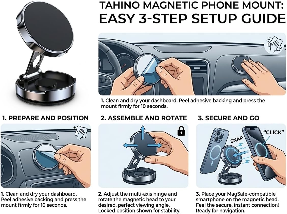 TAHINO Magnetic Car Phone Mount Strong Magnet - 360° Rotatable Dashboard Adhesive Phone Holder - Foldable Magic Mount Style Stand Compatible with iPhone & Android - Strong Hold on Bumpy Roads image 5