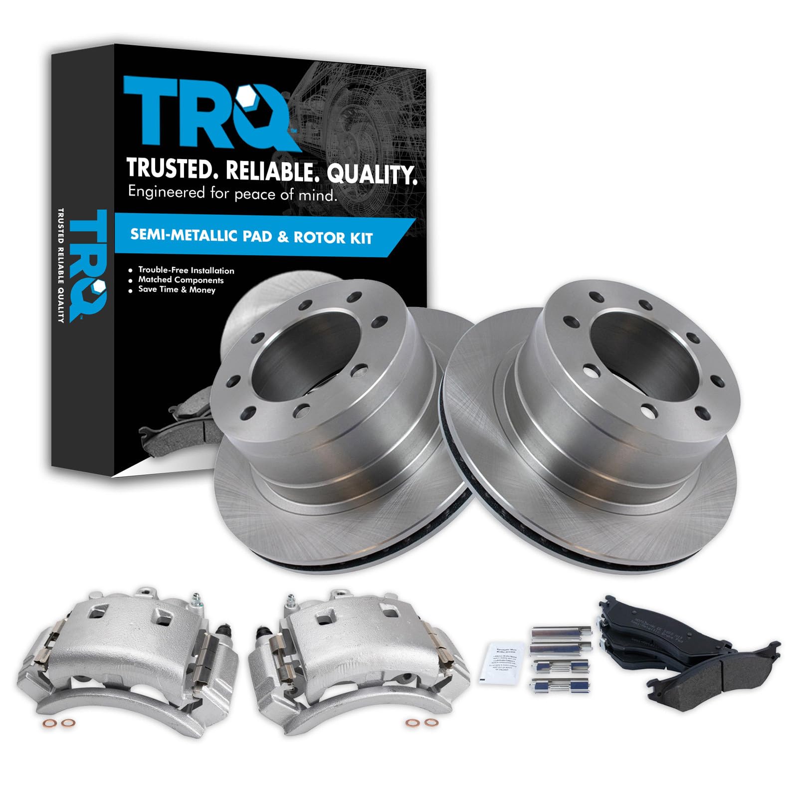 TRQ Rear Brake Pad, Caliper, &amp; Rotor Kit Semi-Metallic Vented Compatible with 2003-2008 Dodge Ram 3500