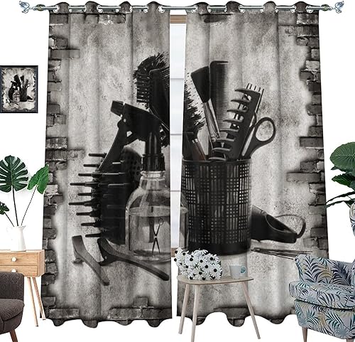 Miniatura 3 de Cortinas con patrón de salón de belleza para dormitorio, decoración retro de peluquería, con aislamiento térmico, oscurecimiento de la habitación,
