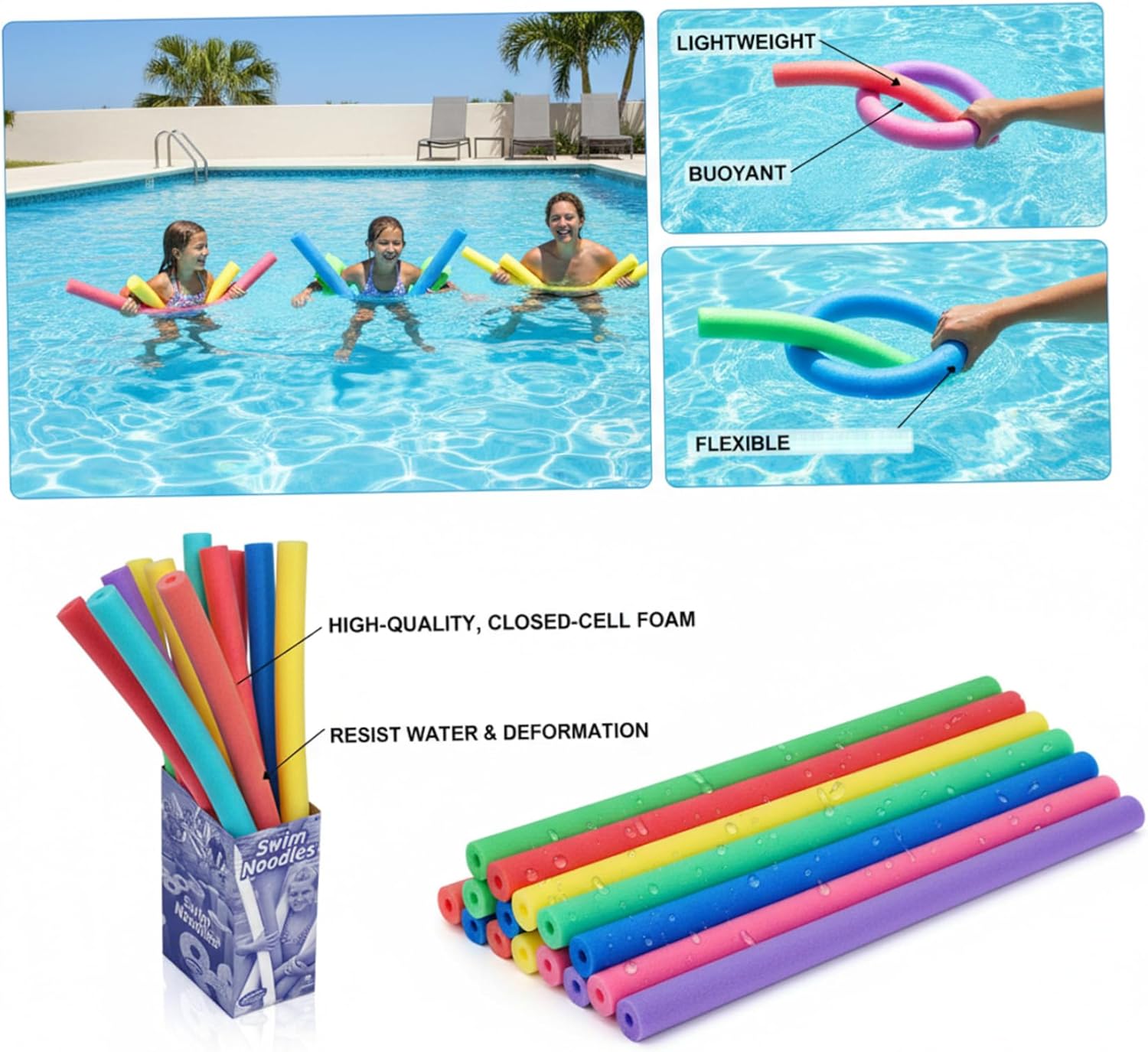 Pool Noodles 6-Pack Colorful Swimming Noodles - 59 Inch Long Hollow Core Foam Floats for Pool Lake Water Fun Exercise & DIY Crafts