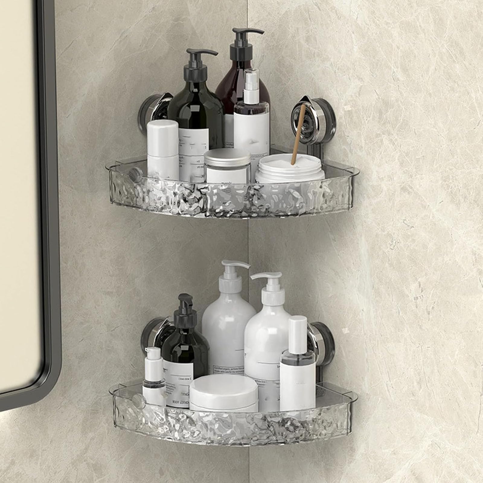 Soporte de almacenamiento de ducha de acrílico transparente para montaje en pared, estante de ventosa corrugado sin perforaciones para nización de baño (juego A+B)