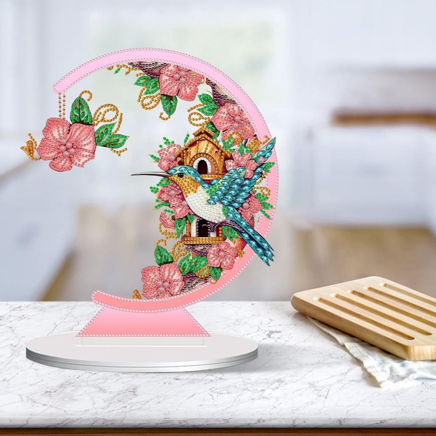 ARTopet 2Pcs DIY Diamond Desktop Ornament Special Shaped Crystal Diamond Art Painting Moon Shape Flowers Hummingbird Tabletop Ornaments Single Sided Diamond Valentine's Day Home Decor-01