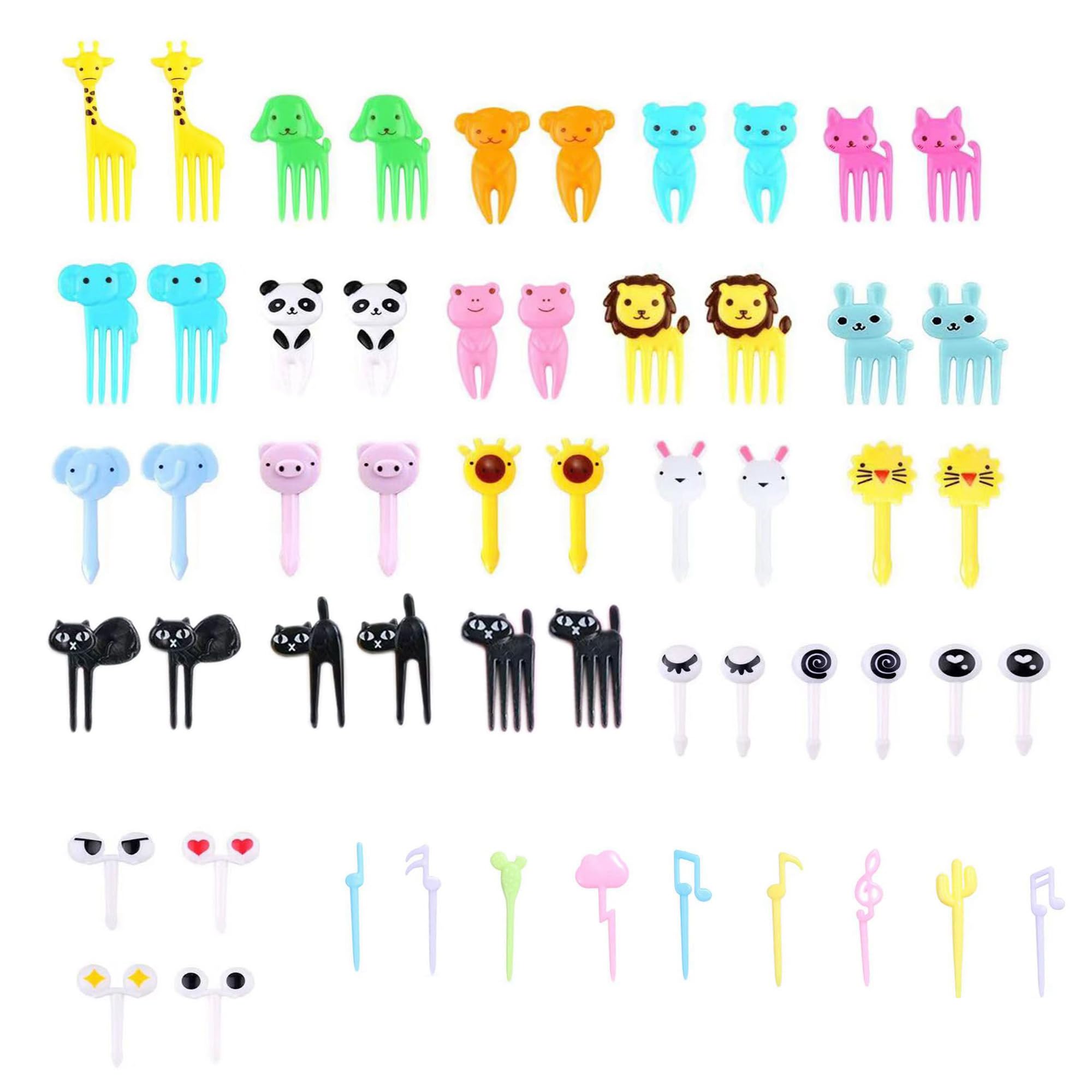 Plastic Fruit Fork with Animal Decor, Cute Food Picks for Cake Dessert Fruit-Platter, Reusable Mini Toothpick Bento Box Party Supply Lunch Accessories (Random Style) (55)