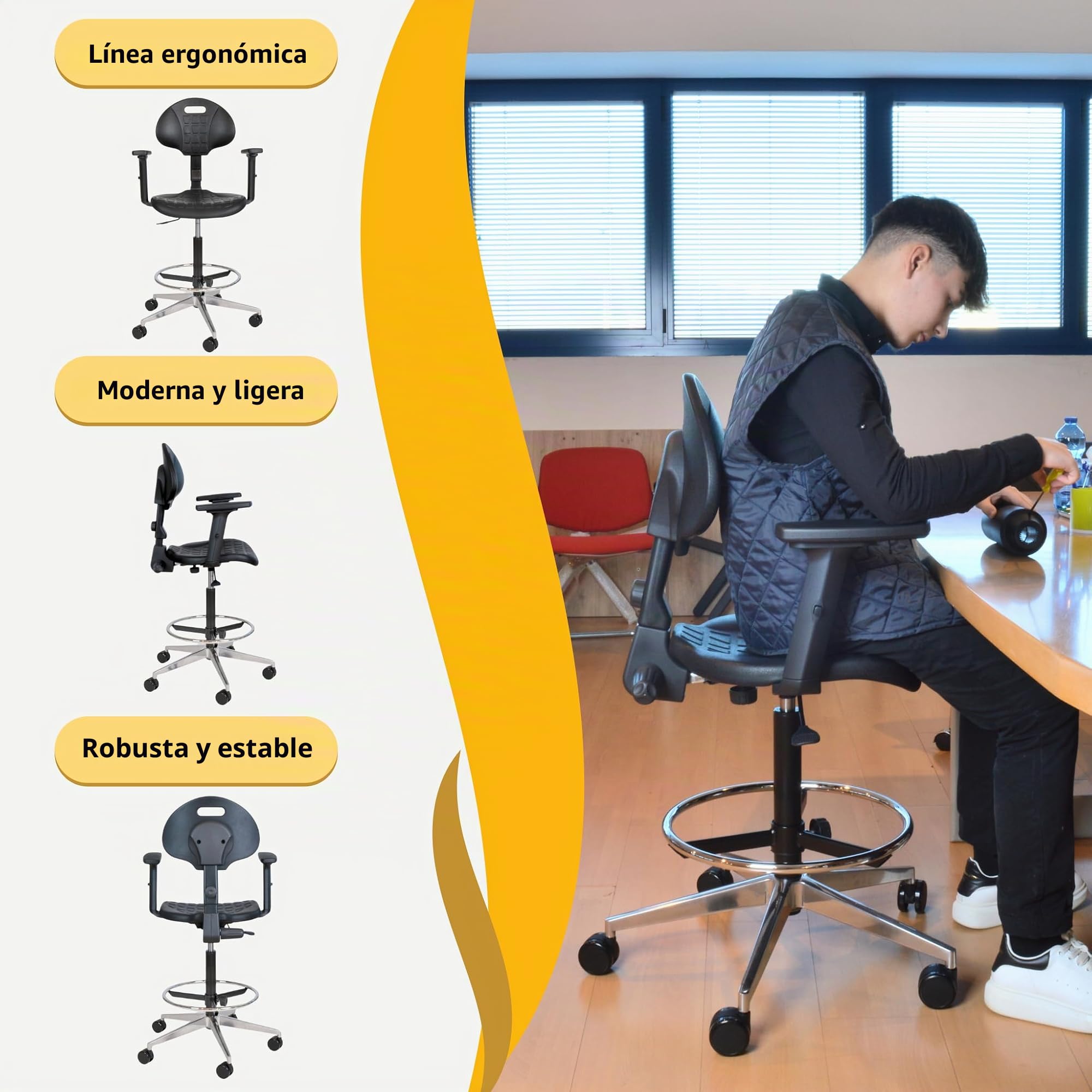 Topsit IND010102+AL - Silla de trabajo de poliuretano con reposabrazos, altura regulable y respaldo ajustable, base de aluminio resistente, reposapiés ajustable, ruedas de 65 mm