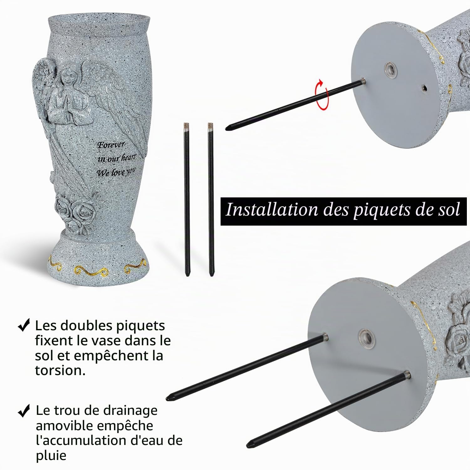 Vase funéraire pour cimetière, Vase Ange pour Fleurs artificielles, Support de Fleurs pour Tombe pour Pierre tombale de cimetière (2 pièce)
