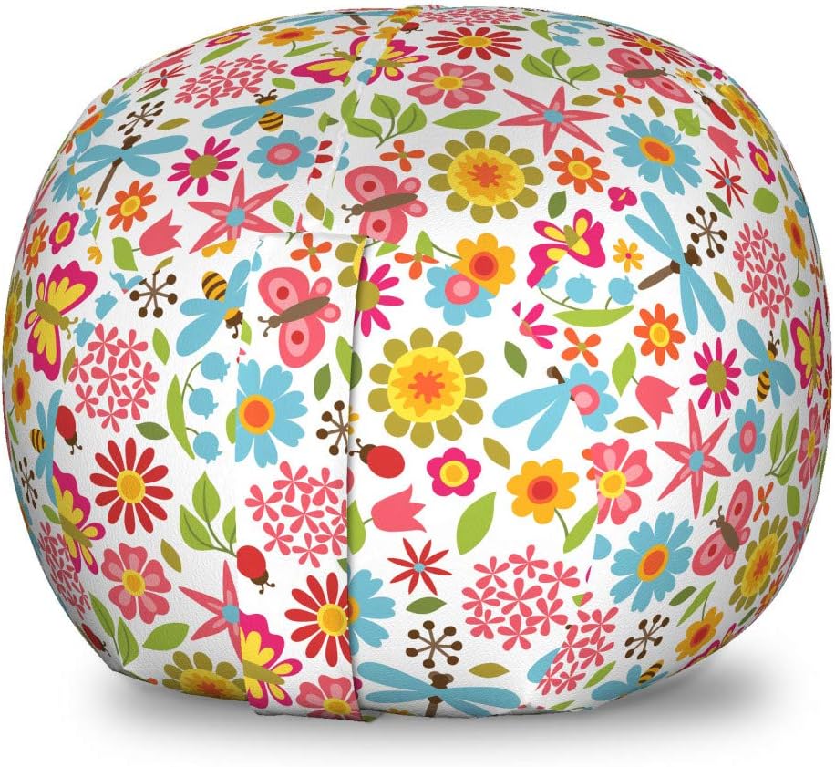 Ambesonne Floral Storage Toy Bag Chair, Flowers Butterflies Petals Beetles Ladybugs Flourishing Theme Garden Doodle, Stuffed Animal Organizer Washable Bag, Small Size, Multicolor