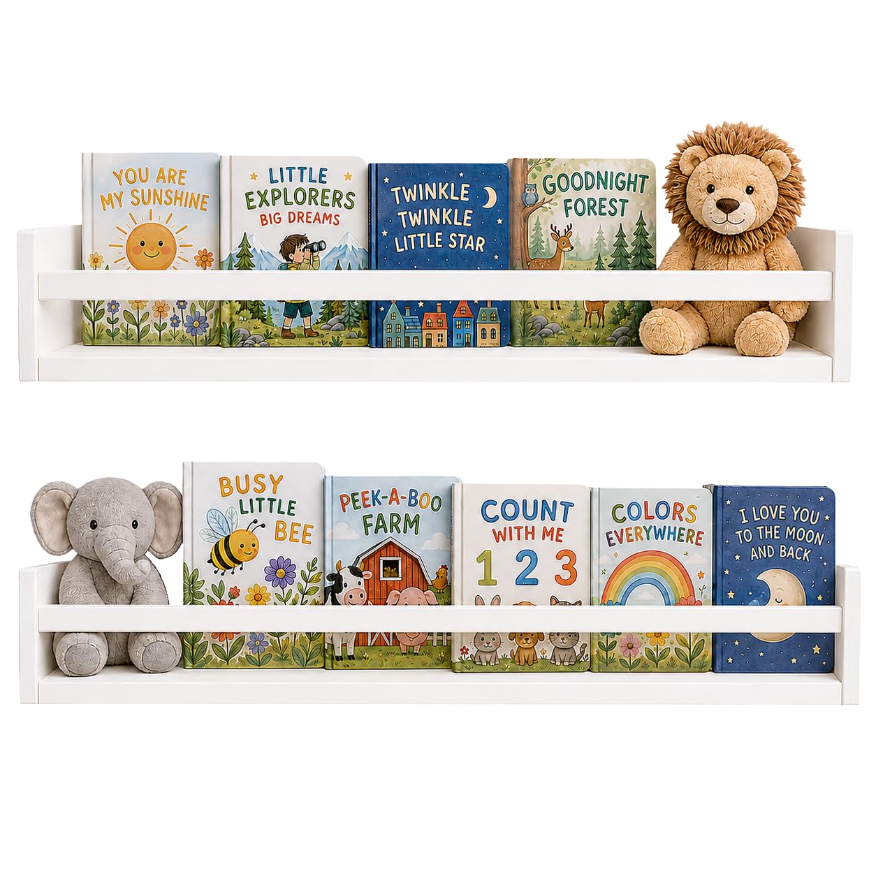 White Wood Nursery Book Shelves Set of 2, Wooden Floating Shelf Storage