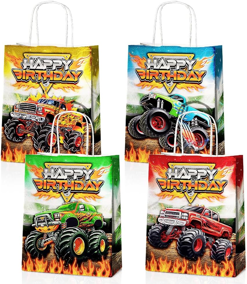 24 Pcs Monster-Truck Party Favor Bags with Handles - Racing Truck Goodie Bags Gift Bags. Checkered Theme Candy Bags for Kids, Kraft Paper Bags for Birthday Party Supplies Decorations