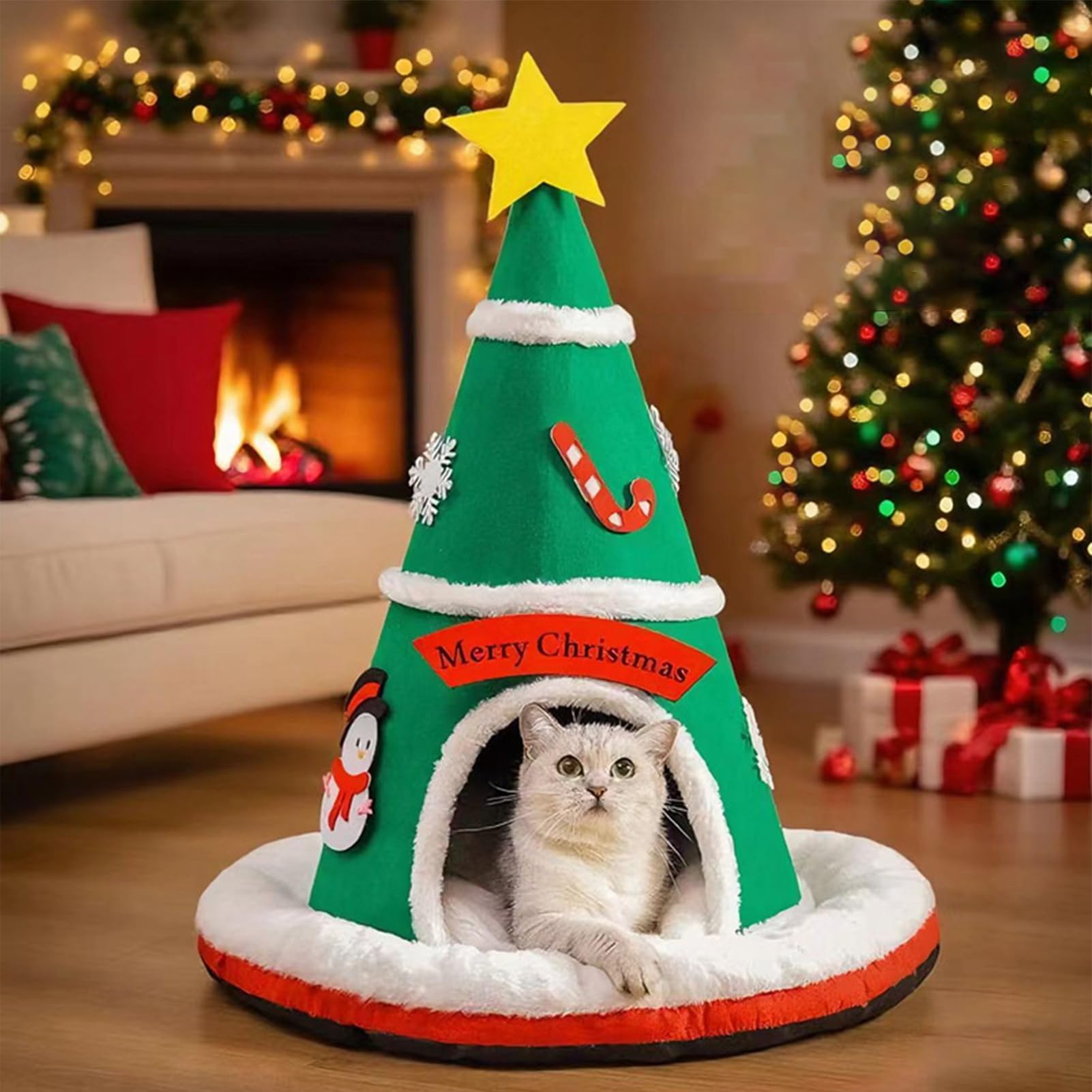 Cuccia Gatti Chiusa Albero di Natale Caldo con Cuscino Amovibile | Cuccia Gatti Interna Con Grotta Per Cuccioli Cani Piccoli Decorazione Casa Camera Balcone Inverno Appartamento