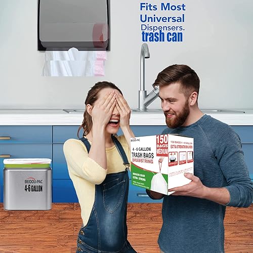 Miniatura 7 de Bolsas de basura de 4 a 6 galones con cordón, 150 unidades, bolsas de basura multipliegues, bolsas de basura medianas para cocina, sin olor y