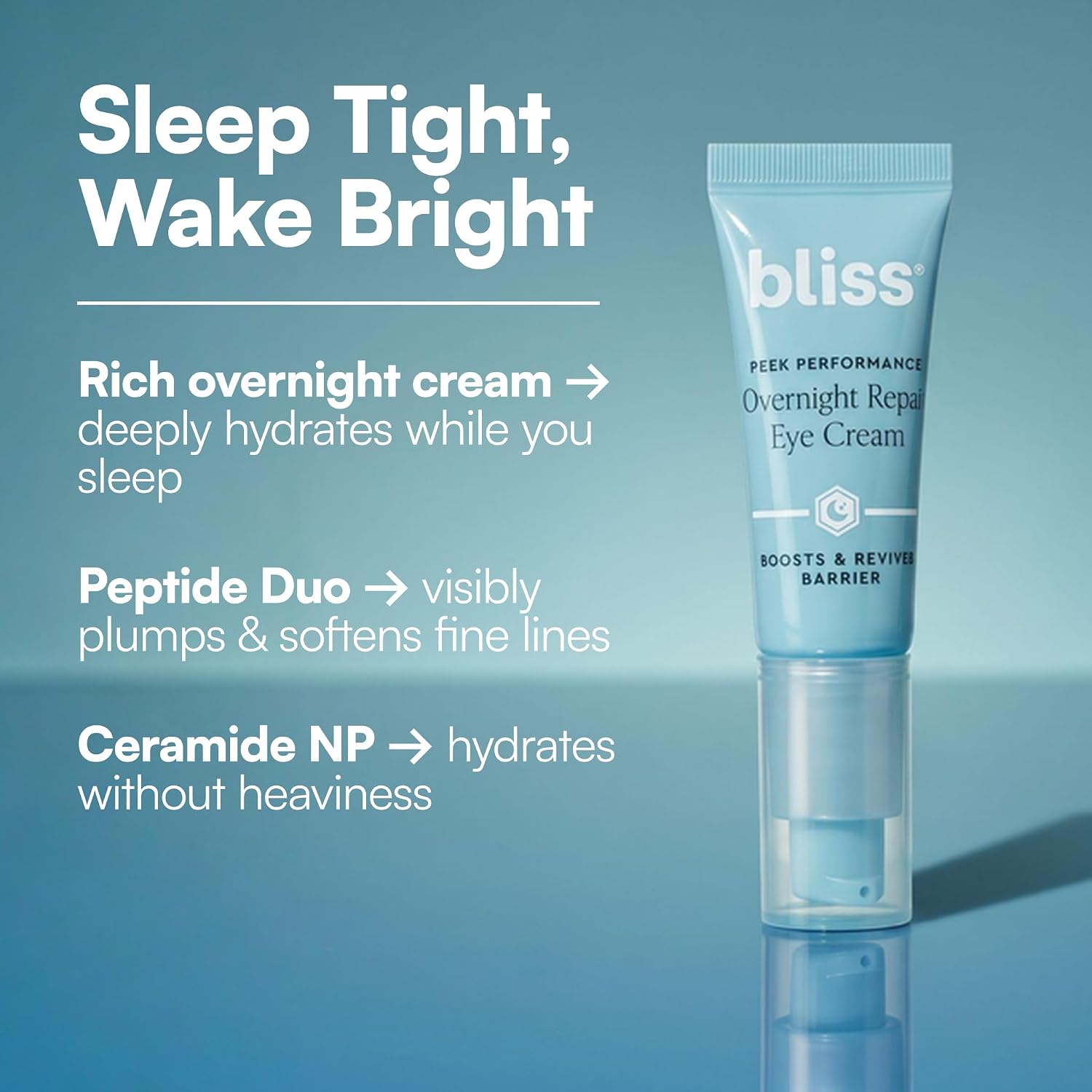 Bliss Peek Performance Overnight Repair Eye Cream with Ceramide NP, 5% Niacinamide & Peptides, Rich Hydrating Under-Eye Cream, Helps Support Moisture Barrier & Visibly Smooth Fine Lines, 0.7 fl oz