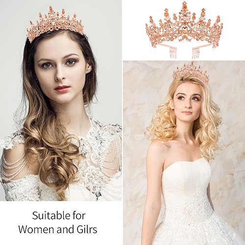 Miniatura 3 de Velscrun Corona de tiara de reina de cristal de oro rosa para mujeres y niñas, diadema de reina de cumpleaños, elegante corona de princesa con
