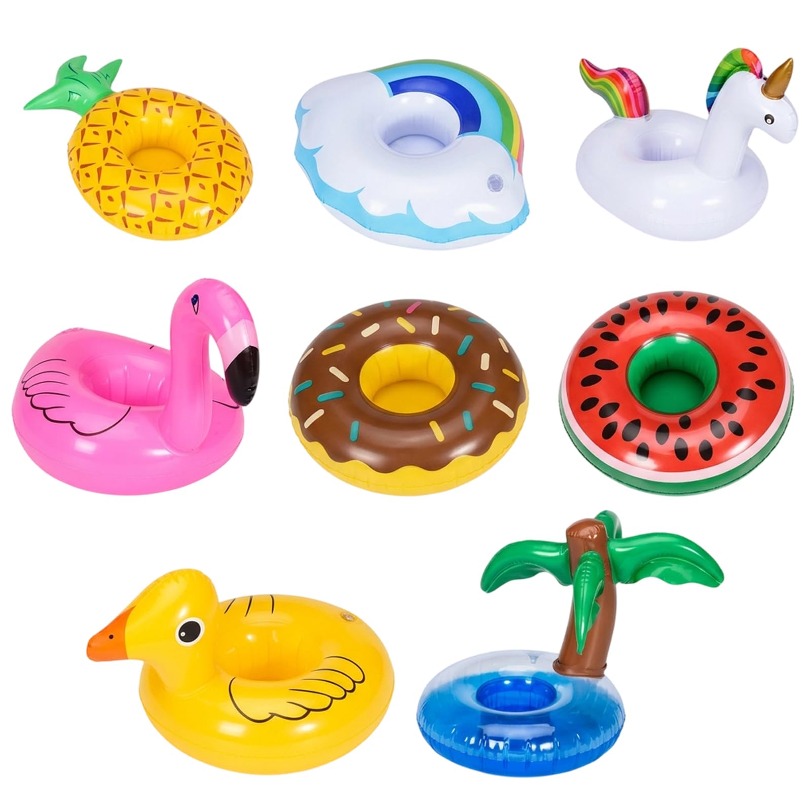 Hot Tub Drinks Holder, Set of 8 Inflatable Drinks Cooler, Pool Party Beverage Organization, Inflatable Flamingo with Pineapple Rainbow Unicorn Donut Watermelon Duck Palm Tree Designs
