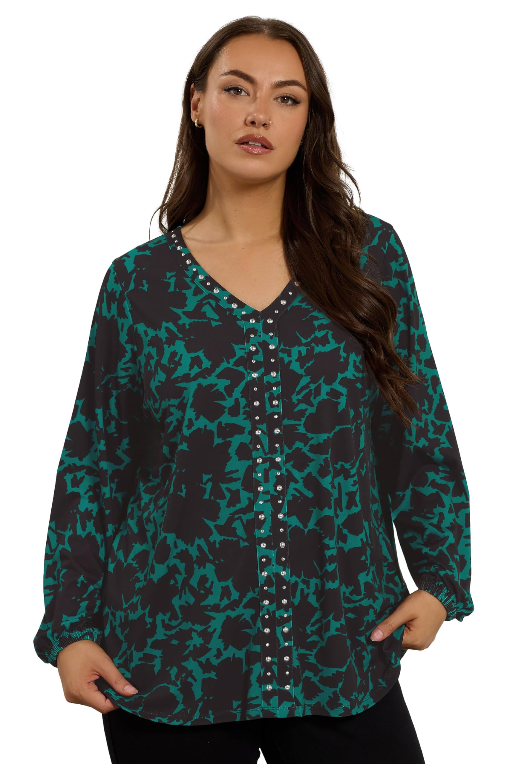 Evans Women's Green Plus Abstract Floral Stud Detail Top Size 30-32