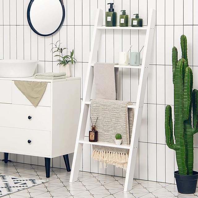 COSTWAY 3/4-Tier Blanket Ladder Shelf, Wooden Wall Leaning Shelving Unit, Decorative Storage Quilt Towel Rack Plant Stand for Bathroom, Living Room and Kitchen (White, 4 Tiers)
