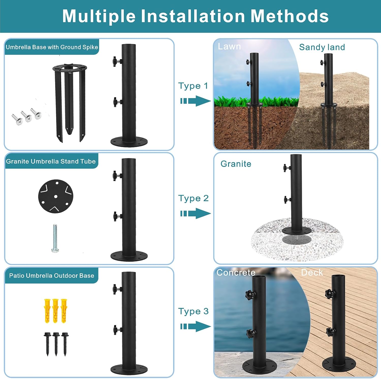Patio Umbrella Base Stands, 3 in 1 Multifunctional Outdoor Umbrella Holder, In Ground Umbrella Base with Ground Spike Fixing,Parasol Base Mount for Concrete,Lawns,Granite