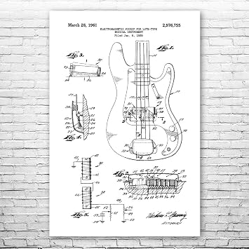 Bass Guitar Patent Print Poster 8x10 Guitar Wall Art, Man Cave Decor, Bass Player Gifts, Music Decor, Teacher Gifts, Classroom Decor