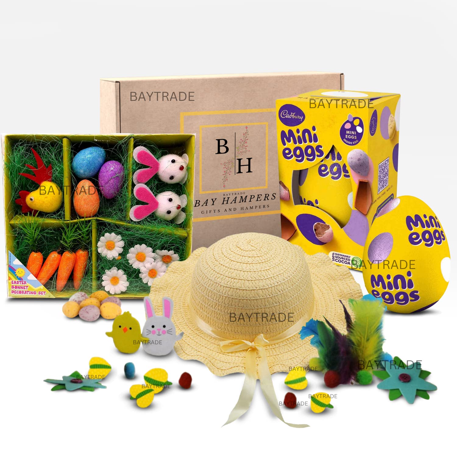 Easter Bonnet Decorations Kit Easter Gifts for Toddlers Kids Boys Girls  |Easter EGG Bundle Straw HAT Ribbon Bow Easter Craft Kits Supplies Feathers