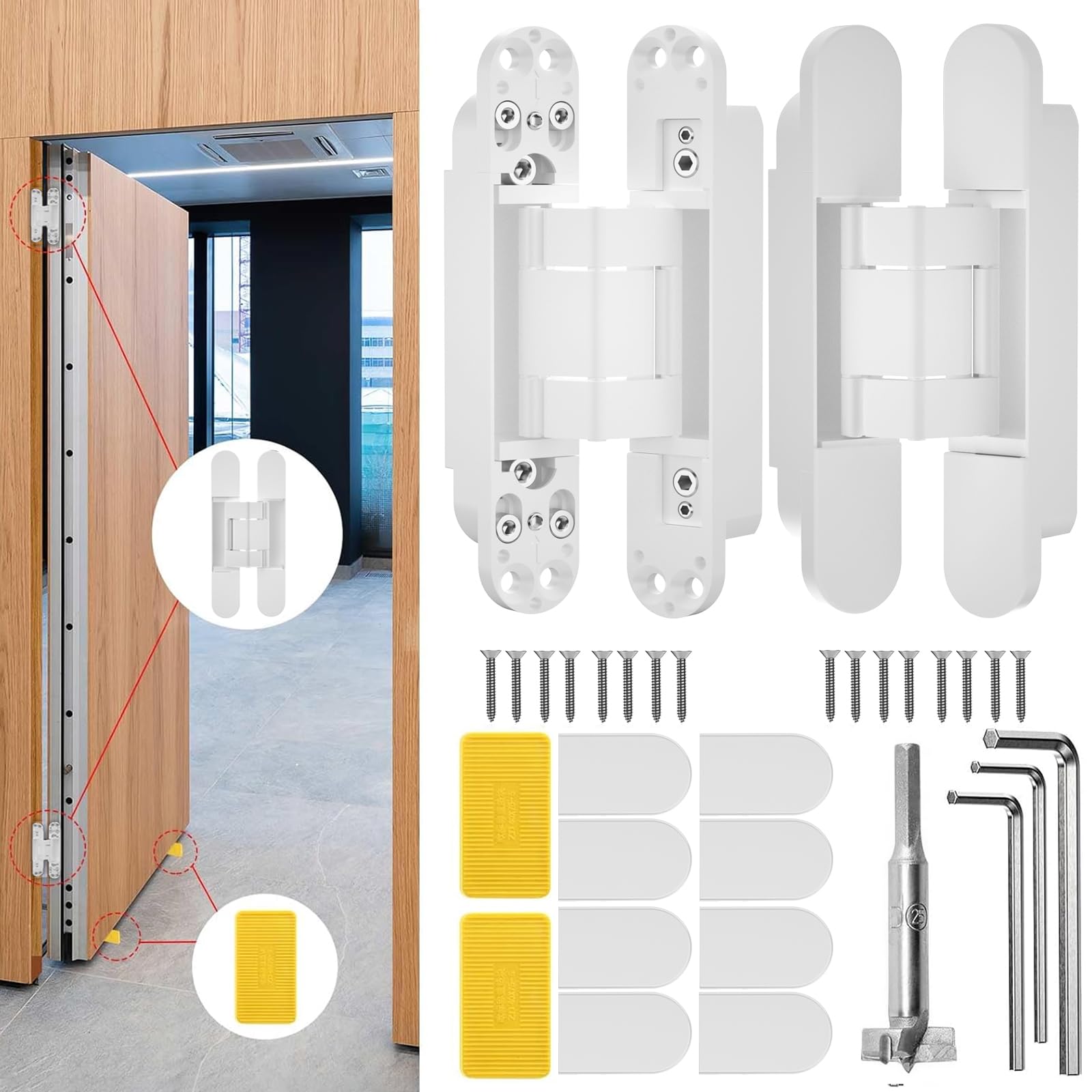 6" Hidden Door Hinge/Invisible Door Silent 180 Degree Swing Hinge 3-Way Adjustable Butt 6 x 2.5 x 1 (2, White, 6 inch) — image 1