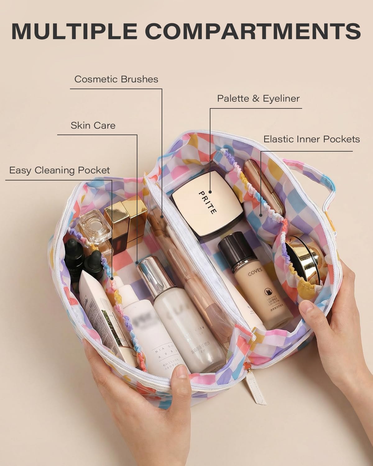 LETGO Preppy Stripe Clear Travel Makeup Bag, Waterproof Glossy PVC Cosmetic Organizer with Handle, Large Capacity Toiletry Bag for Women, Portable Makeup Pouch for Purse (Checkered)