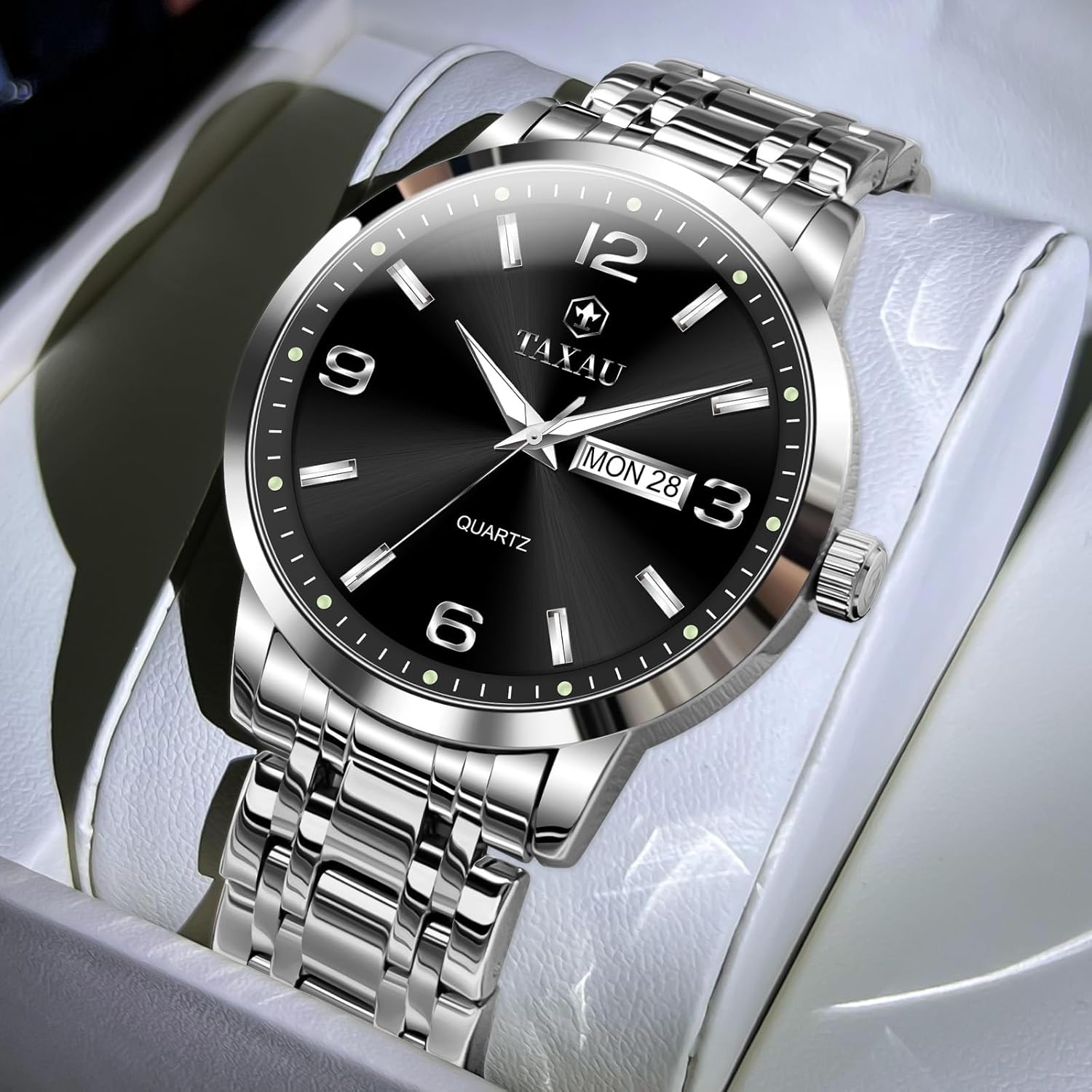 Men’s Dress Watches Waterproof Analog Quartz Watch with Day Date Stainless Steel Band Luxury Large Arabic Numerals Classic Luminous Hands Easy Read, Hidden Butterfly Clasp Relojes para Hombres - Image 6