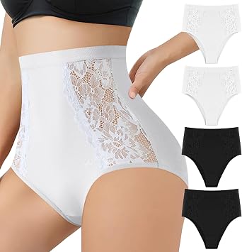 Womens Hollow Lace Underwear High Waisted Hipster Underpants Stretch Full Coverage Panties Ladies Briefs 4pcs