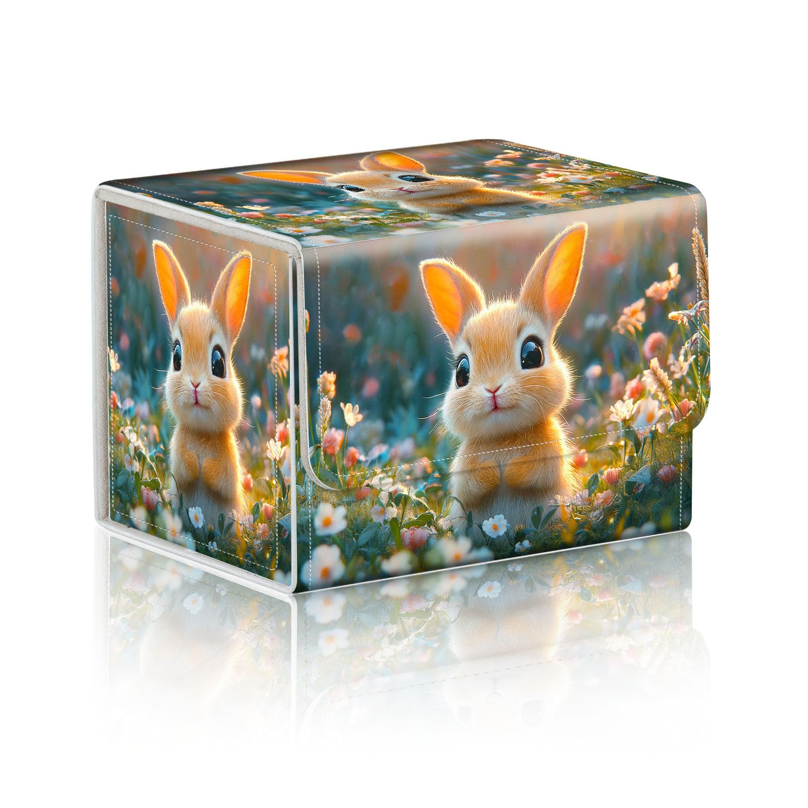 DISUOFEART Trading Card Storage Box, Holds 100+ for MTG Cards, PU Leather with Magnetic Closure, Bunny in Sunlit Wildflowers Durable Deck Box for Magic the Gathering, Trading Card Games