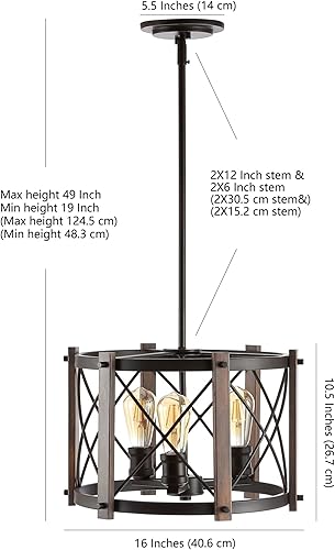 Miniatura 2 de JONATHAN Y JYL7501A Ferme - Colgante LED rústico de hierro ajustable de 16 pulgadas, 3 luces, estilo industrial, vintage, casa de campo regulable,
