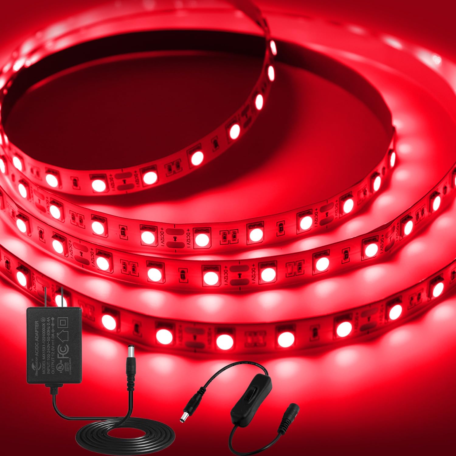 12V LED Streifen Rot, 5M LED Strip Selbstklebend, 300 LEDs SMD5050 Dimmbar Lichtband, Schneidbar Schlauch Leiste für Schlafzimmer Küche Unterschrank Bar TV Backlight Valentinstag Deko, Mit Netzteil