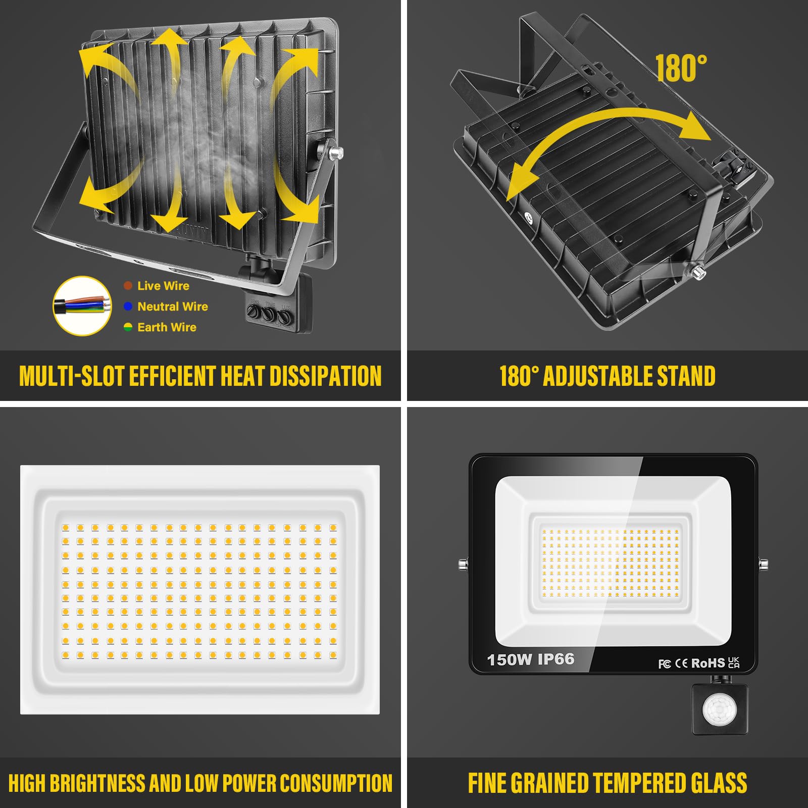 RIGIDON 2x 150W focos led exterior con sensor movimiento PIR, 15000lm 3000K | sin enchufe, blanco cálido, foco proyector, IP66 impermeable, seguridad, floodlight, para patio jardín garaje caminos entrada