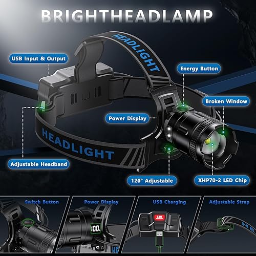 Miniatura 8 de Linterna frontal LED recargable, 2000 lúmenes, lámpara de cabeza súper brillante con sensor de movimiento, 5 modos y 120 ajustable e impermeable