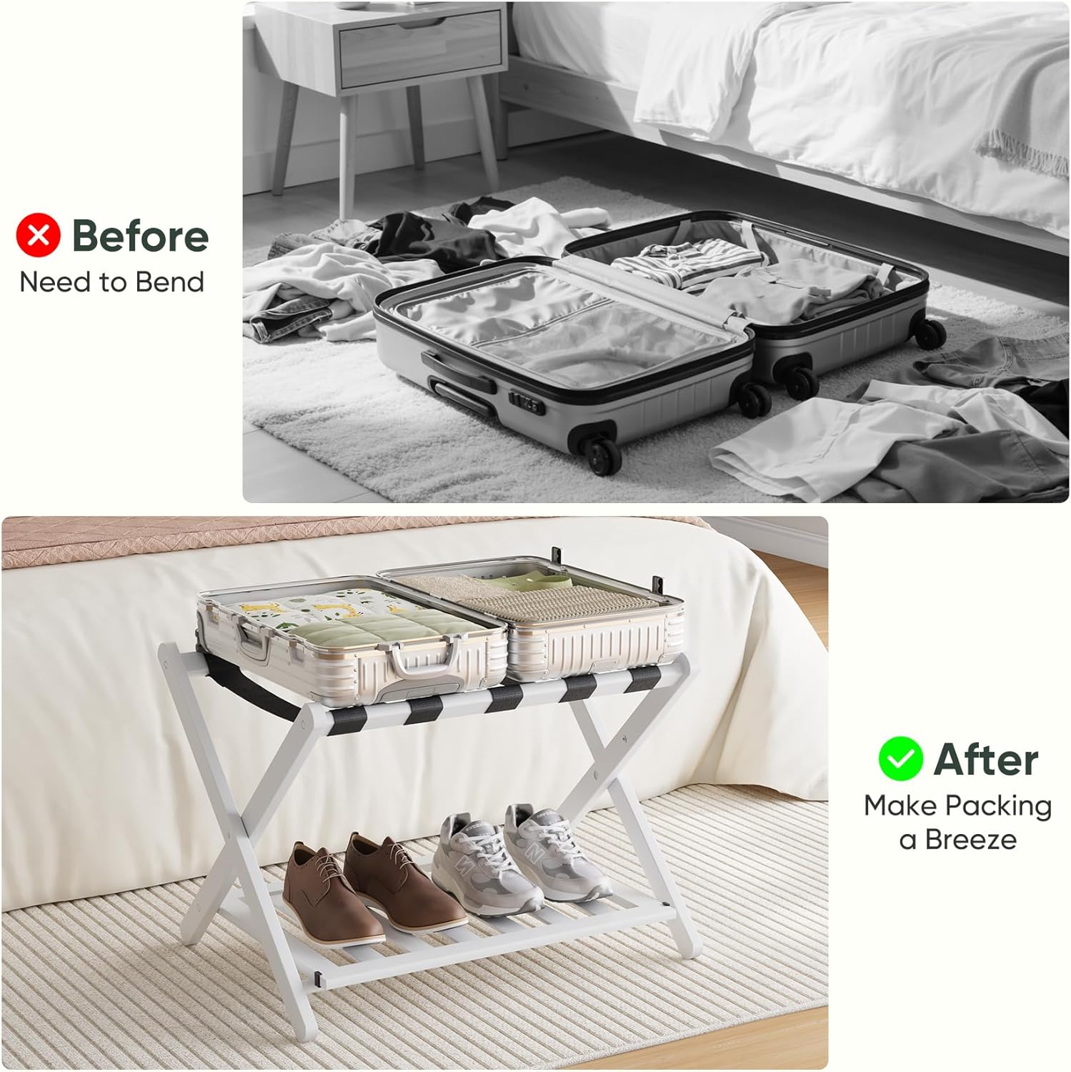 2 Packs Fully Assembled Luggage Racks with Shoe Shelf, Suitcase Stand with Fold & Lock System, Bamboo Luggage Stand Ideal for Guest Room, Bedroom, Hotel, White