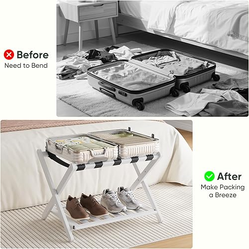 Miniatura 8 de Portaequipajes de Bambú Blanco Completamente Ensamblado, Soporte Plegable para Maletas con 5 Correas y Estante para Zapatos, Portaequipajes