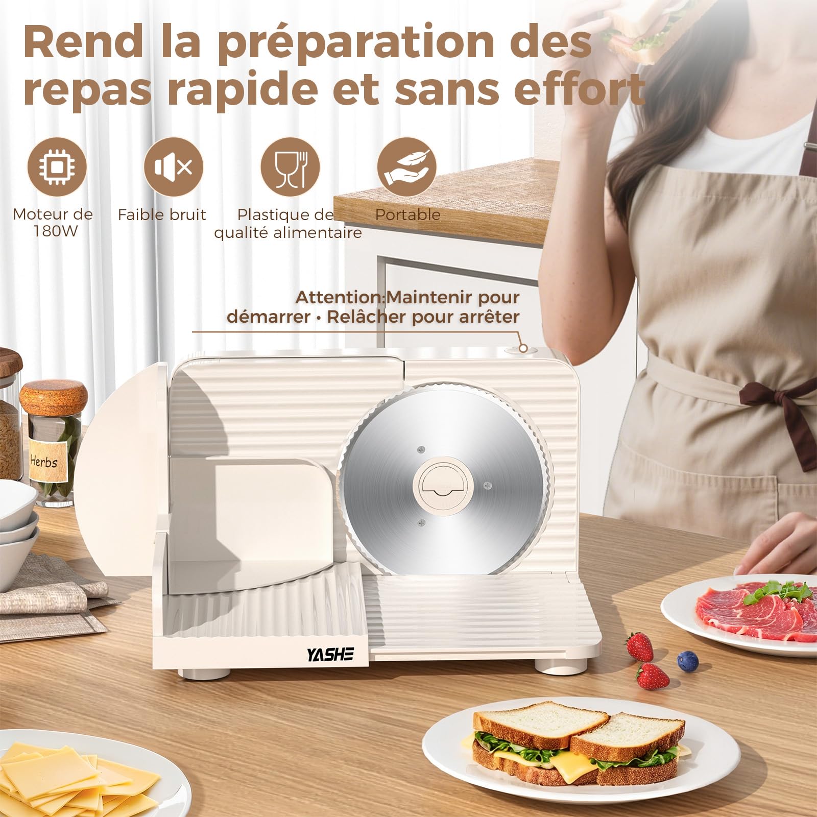 YASHE Trancheuse Électrique Pliable 180W Lame 17 cm Épaisseur Réglable 0–15 mm
