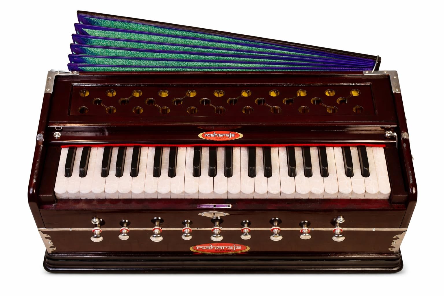 Maharaja Musicals Harmonium Instrument, , 9 Stops, 3 1/2 Octave, Double Reed, Coupler, Dark Mahogany, 2024-25 Model, Standard, Padded Bag, A440 Tuned, Indian Sangeeta Harmonium - DC