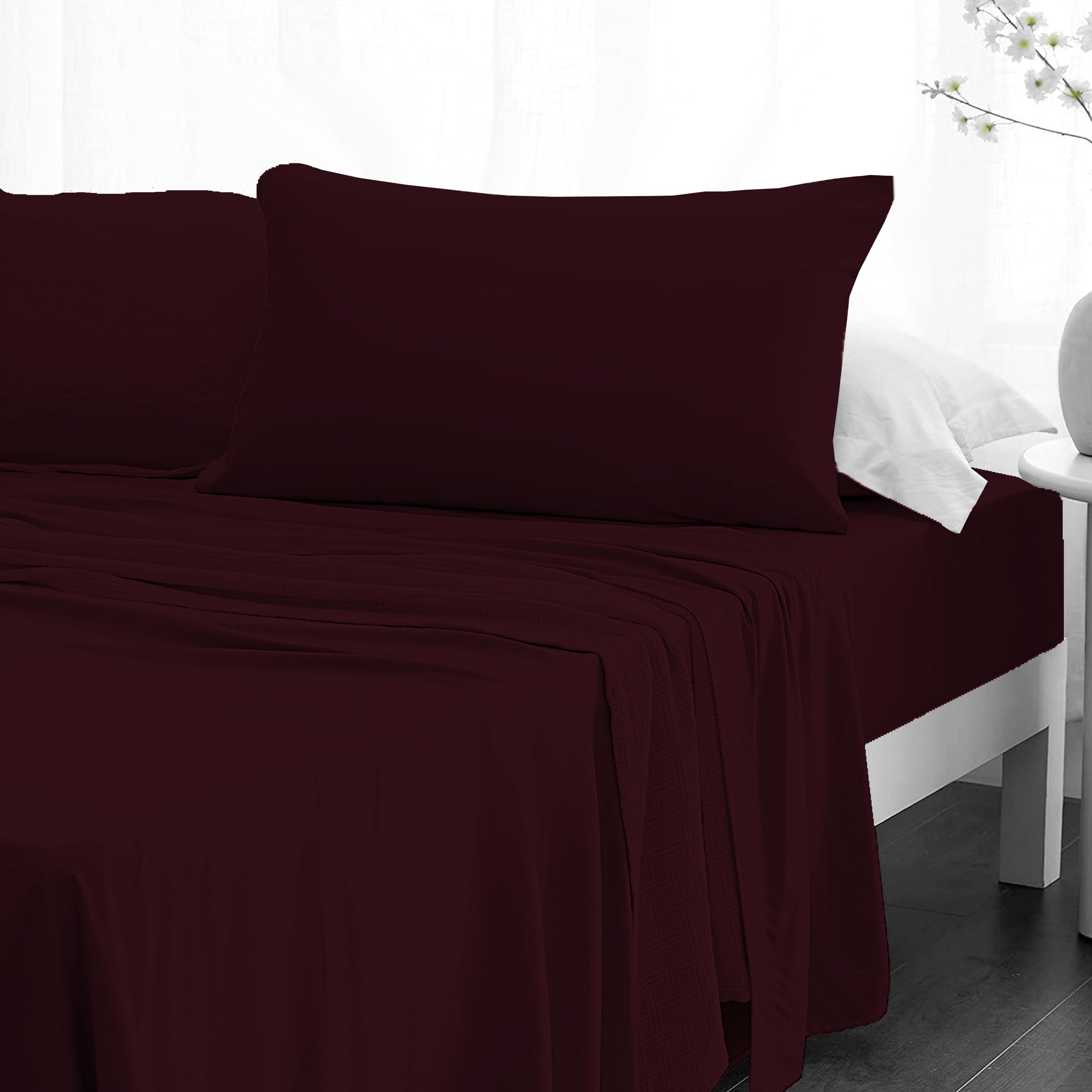 Crescent Textile Sheet Set for Bed 200TC 100% Egyptian Cotton Super Soft Easy Care Fitted Sheet & Flat Sheet with Pillowcases Bedding Set (Plum, Single)