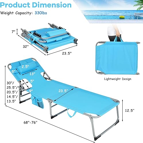 Miniatura 2 de GYMAX Silla bronceadora, tumbona de playa plegable con agujero para el brazo facial, respaldo ajustable, bolsillo lateral, almohada extraíble y asa