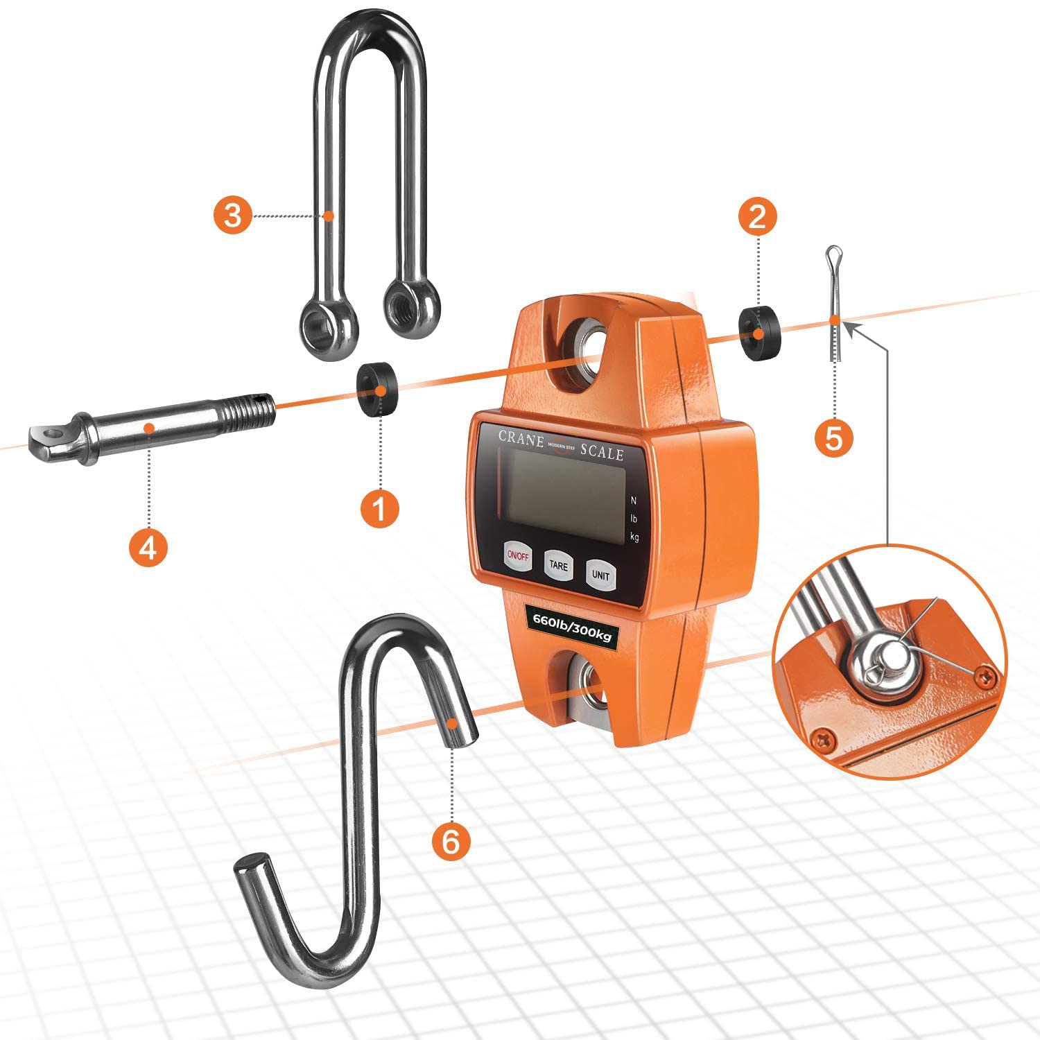 HDWR wagPRO-H300 Hakenwaage 300 kg, Hängewaage mit Tara, digital | Genauigkeit 50 g, Tara, 3x AA-Batterien, bis 150 Stunden Betrieb, Digitalanzeige