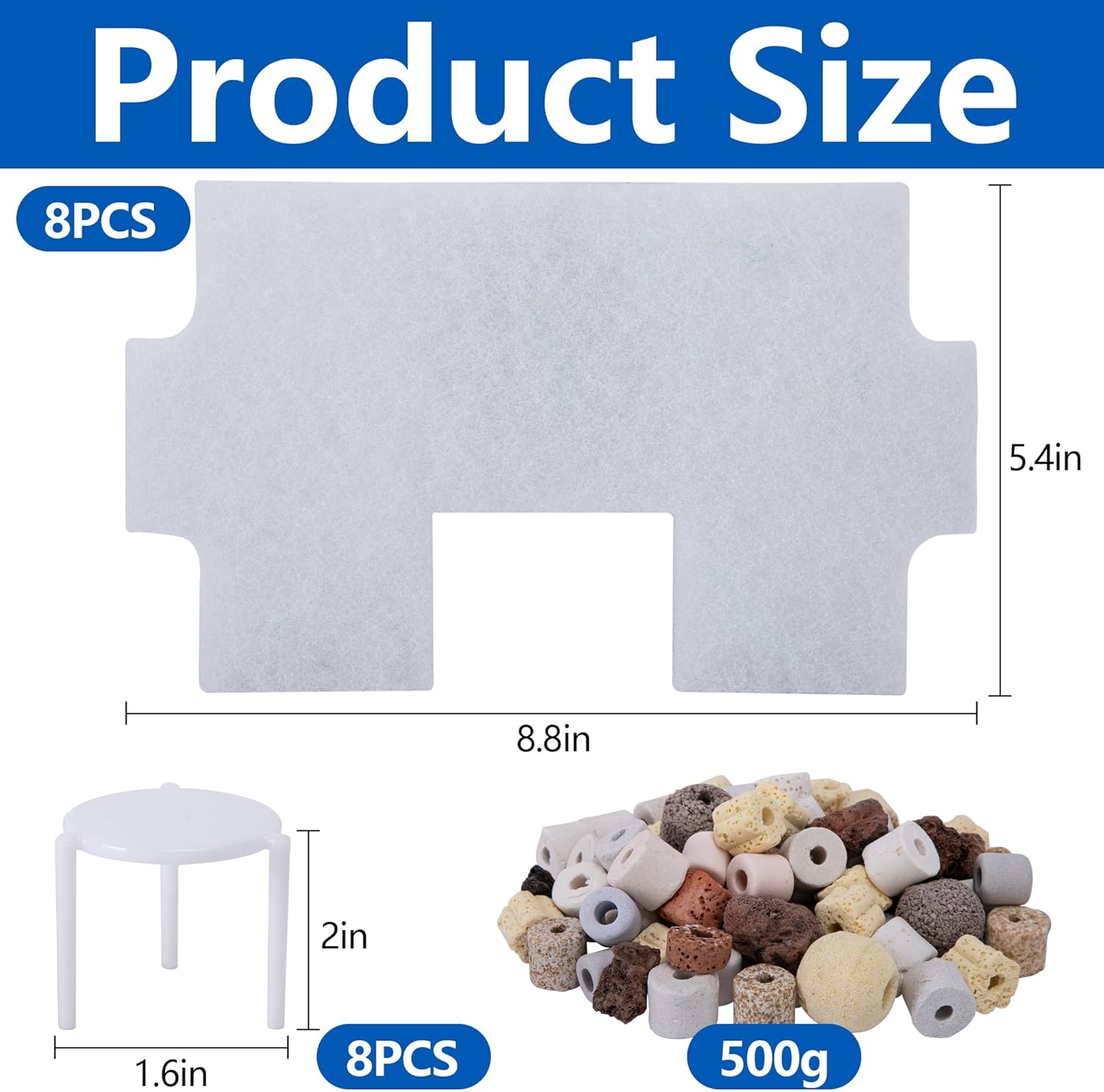 Adnee 17 Pcs Pond Waterfall Spillway Filter Media, 8 Inch Waterfall Box Filter Pad with Bracket and Ceramic Rings, Reusable Pond Filter Replacement Mat to Maintain Water Quality, No Spillway Included