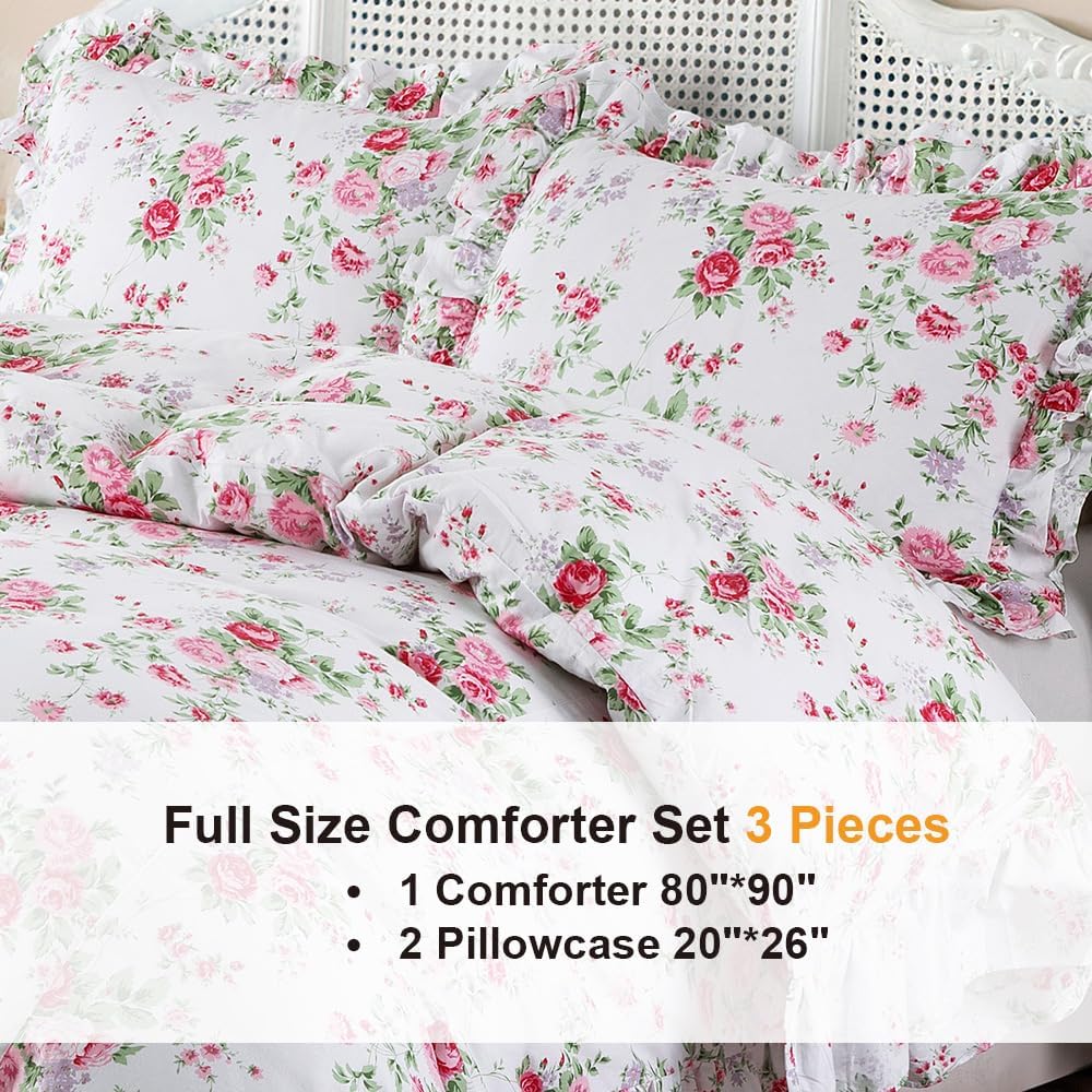 Ruffle Duvet Cover Set Queen, 100% Cotton Pink Rose Floral Duvet Cover Cottage French Countryside Vintage Shabby and Chic 3 Pieces with Pillow Shams (Rose,Full)