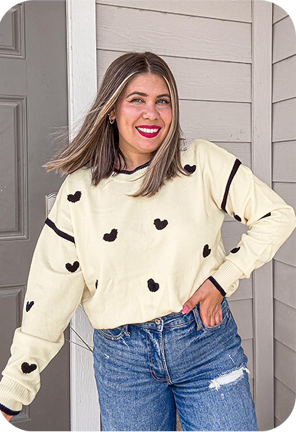 Angashion Women's Heart Sweater Crew Neck Casual Long Sleeve Loose fit Love Print Ribbed Knit Sweaters Pullover Top - Image 4