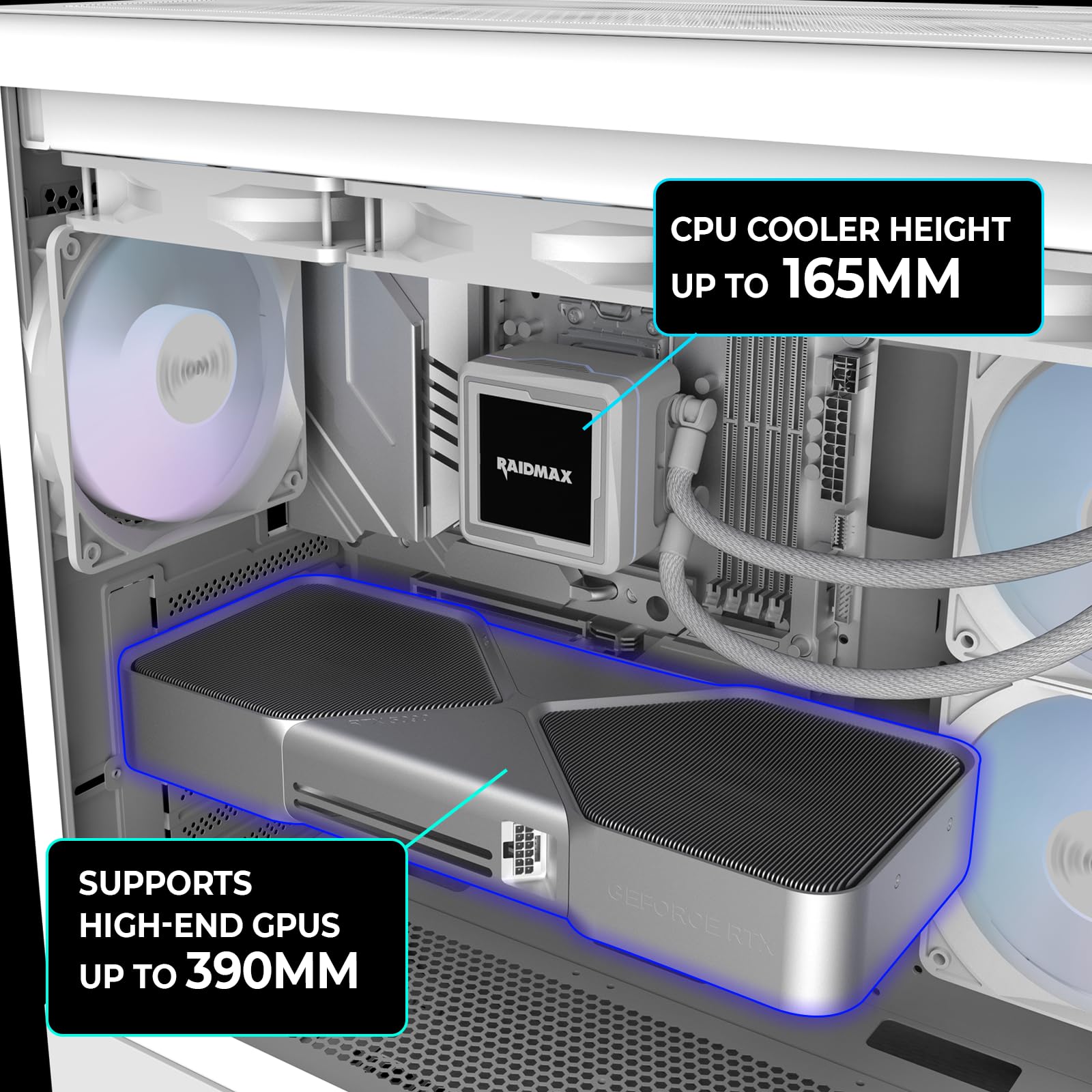 RAIDMAX i812 - Custodia per PC da gioco panoramica, innovativa vetrina in vetro temperato con pannello frontale a strisce LED ARGB, 3 ventole ARGB da 120 mm preinstallate, supporta AIO da 360 mm e GPU