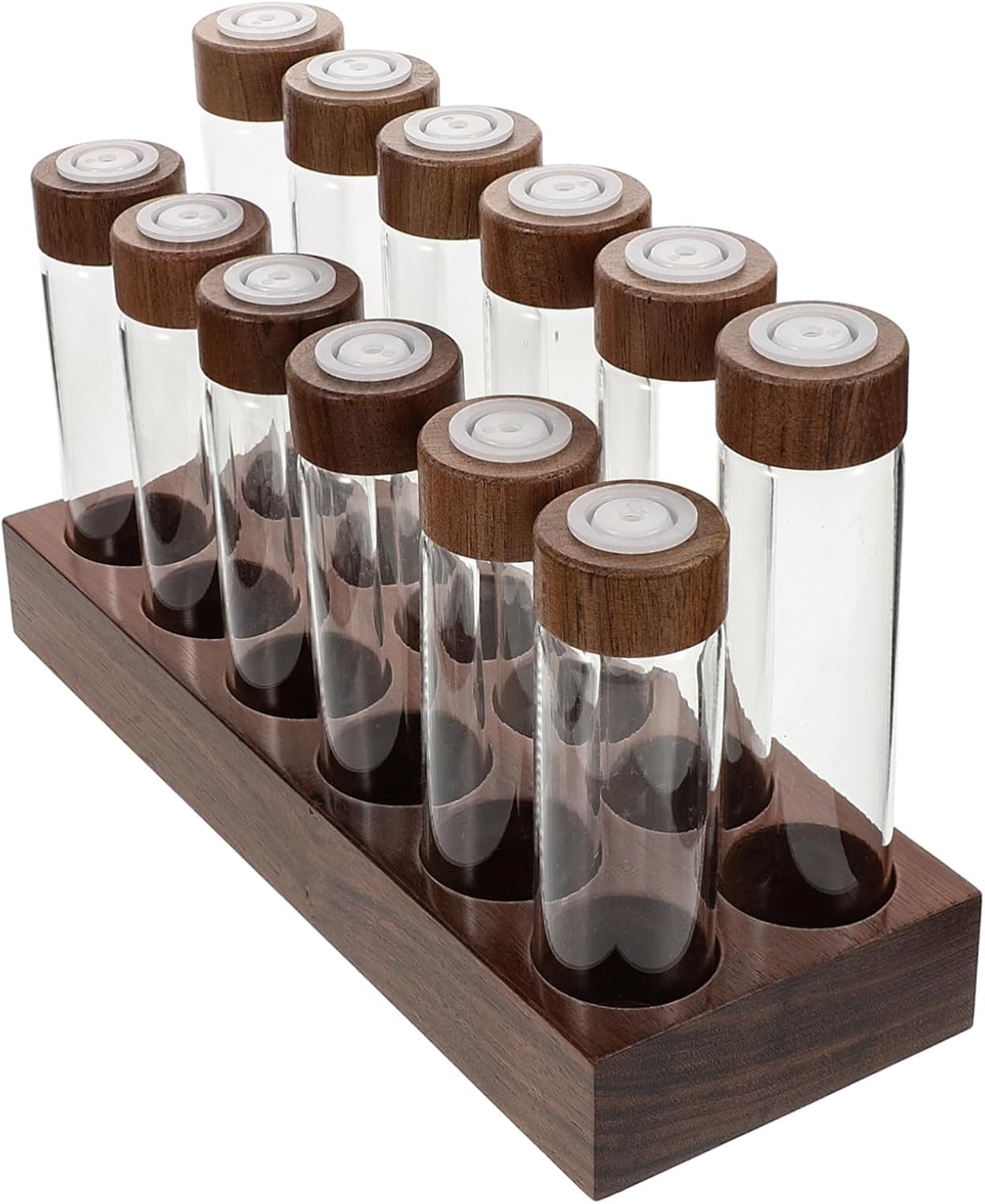 Mobestech 12hole Glass Coffee Bean Storage System with Wooden Lid and Elegant Walnut Base Rack for Glass Tubes Stylish Airtight Coffee Dispenser for Home and Commercial Use