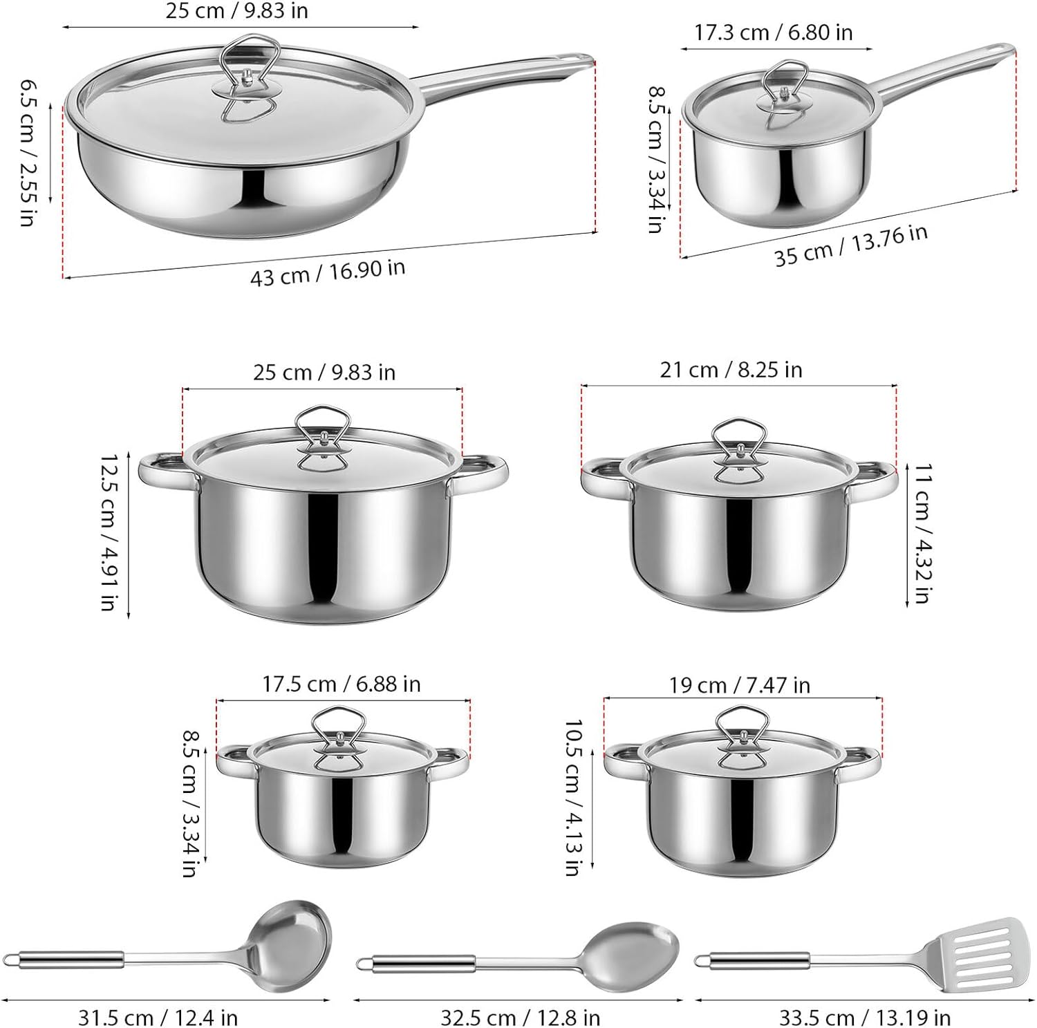 15pcs Stainless Steel Cookware Set with Utensils, Induction Compatible Pots and Pans Set, Multi-size Saucepan and Frying Pans with Lids for Gas, Electric Kitchens
