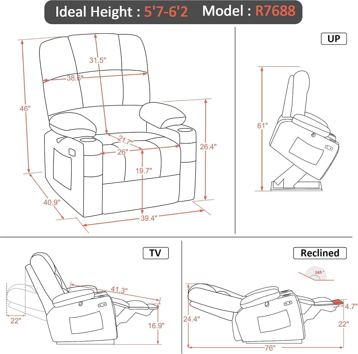 MCombo Oversized Dual Motor Power Lift Recliner Chair Sofa with Massage and Heat for Big Elderly People, Infinite Position, USB Ports, Fabric R7688 (Brown, Large-Oversize)