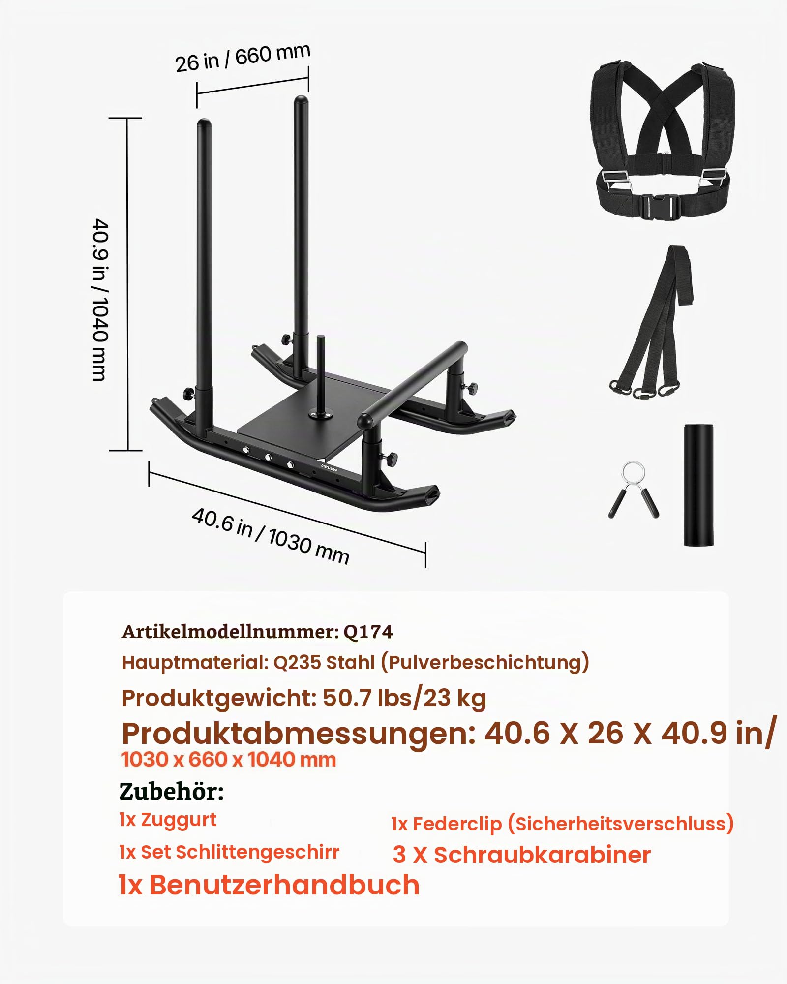 VEVOR Gewichtsschlitten Kraftschlitten Krafttrainingsschlitten zur Verbesserung der Geschwindigkeit bei sportlichen Übungen, Fitnessgerät mit Griff, kompatibel mit 25/51 mm Gewichtsscheiben Schwarz